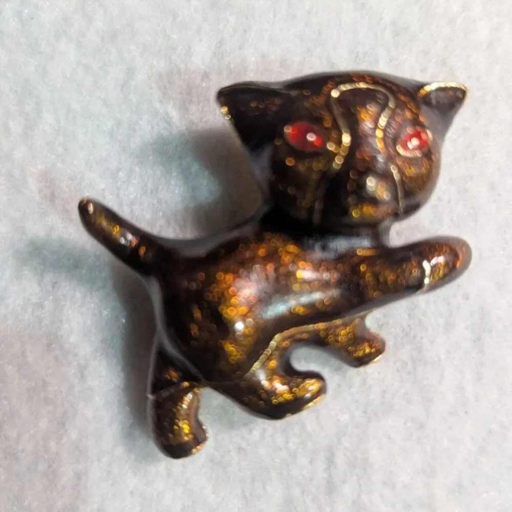 Vintage Brown Gold Glitter Enamel Kitten Cat Brooch Red Rhinestone Eyes Pin
